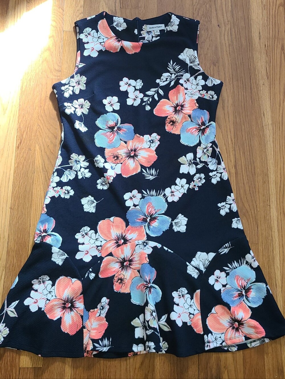 Shelby & Palmer Navy Floral Fit & Flare Dress W/ Coral & Light Blue Blooms SZ 14